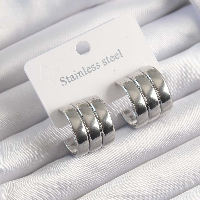 316L Çelik Gümüş Renk 3lü Görünüm Bombe Model Yarım Halka Küpe
