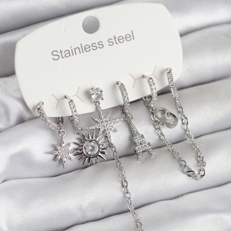 316L Çelik Gümüş Renk 6'lı Set Charmlı Kadın Küpe