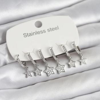 316L Çelik Gümüş Renk 6'lı Set Yıldız Model Kadın Küpe
