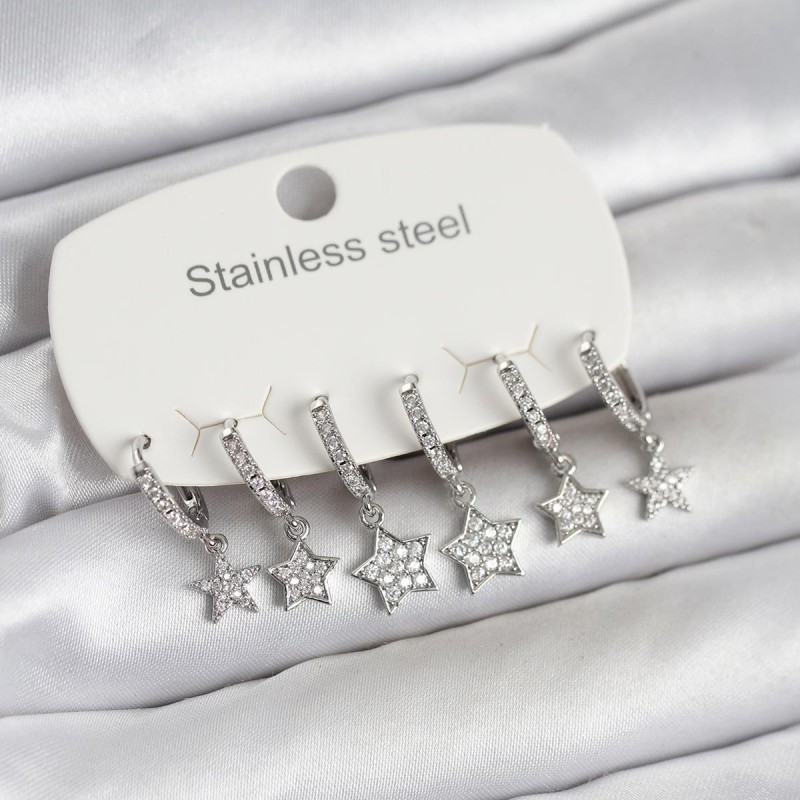 316L Çelik Gümüş Renk 6'lı Set Yıldız Model Kadın Küpe
