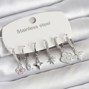 316L Çelik Gümüş Renk 6'lı Set Yonca Model Kadın Küpe