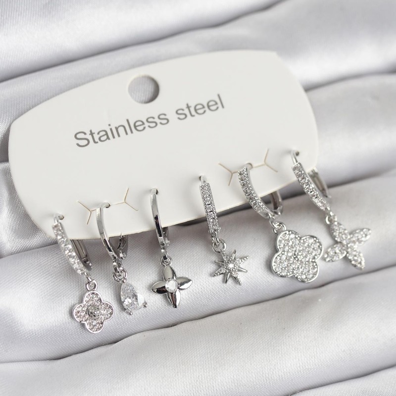 316L Çelik Gümüş Renk 6'lı Set Yonca Model Kadın Küpe