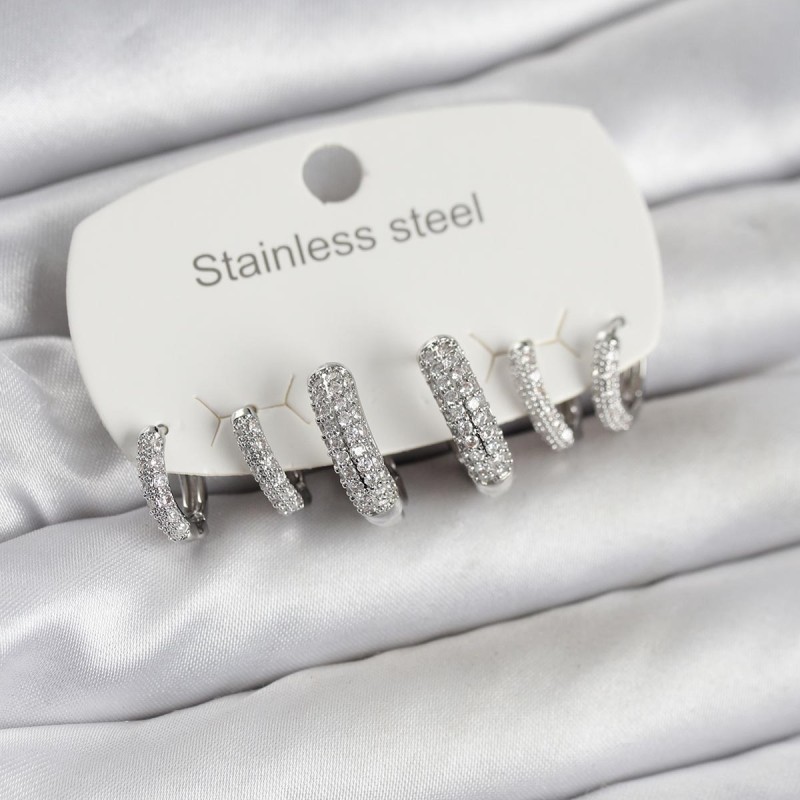 316L Çelik Gümüş Renk 6'lı Set Zirkon Taşlı Halka Model Kadın Küpe