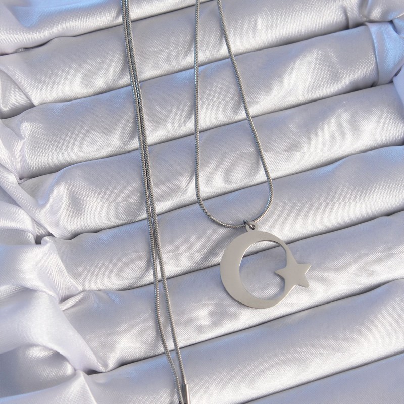 316L Çelik Gümüş Renk Ay Yıldız Model Unisex Kolye