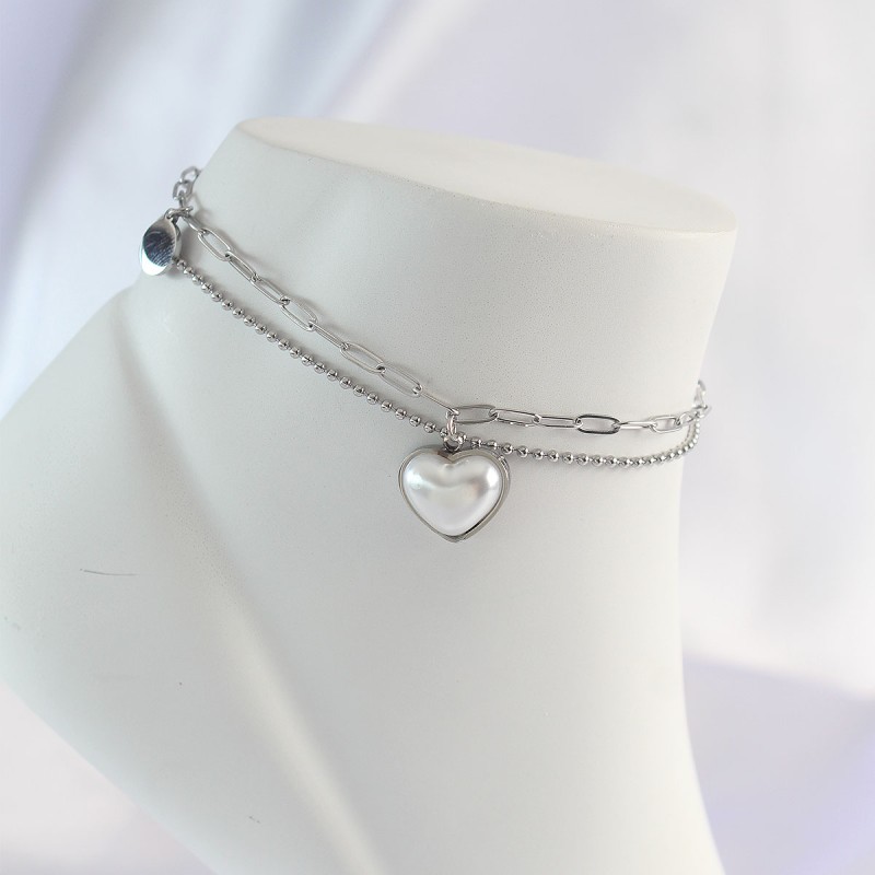 316L Çelik Gümüş Renk Beyaz Kalpli 2li Halhal