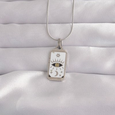 316L Çelik Gümüş Renk Beyaz Mineli Göz Figür Tarot Kolye