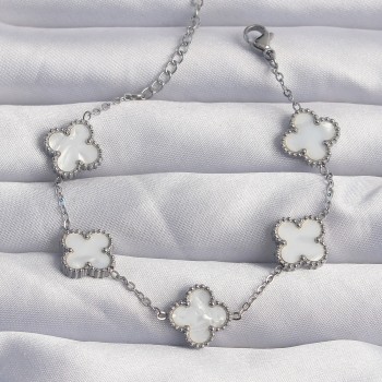 316L Çelik Gümüş Renk Beyaz Sedefli Yonca Bileklik