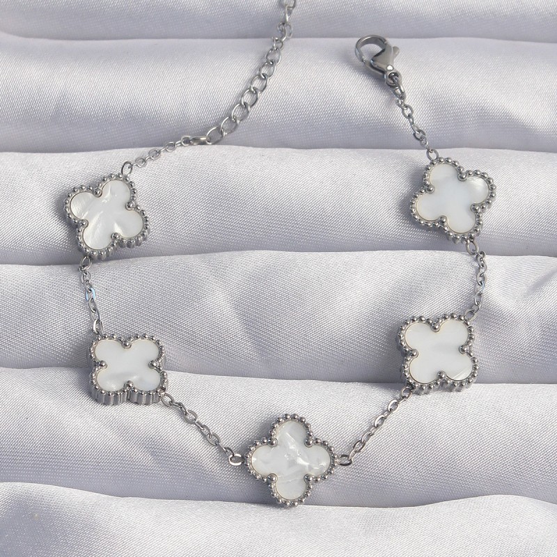 316L Çelik Gümüş Renk Beyaz Sedefli Yonca Bileklik