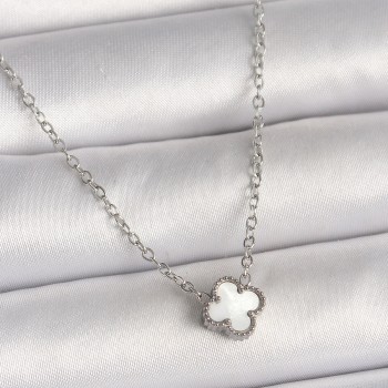 316L Çelik Gümüş Renk Beyaz Yonca Model Kadın Kolye