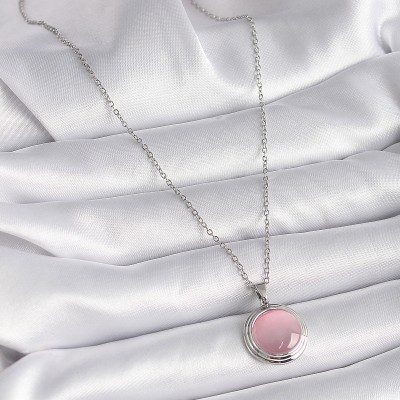 316L Çelik Gümüş Renk Daire Pembe Sedefli Model Kadın Kolye