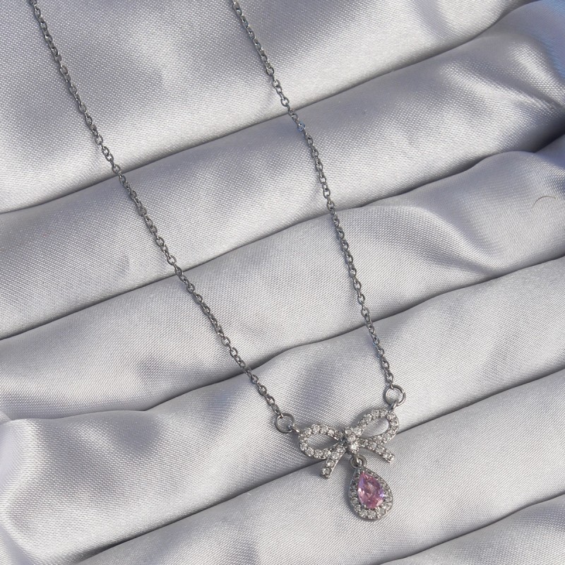 316L Çelik Gümüş Renk Fiyonk Detay Pembe Zirkon Taşlı Damla Kolye
