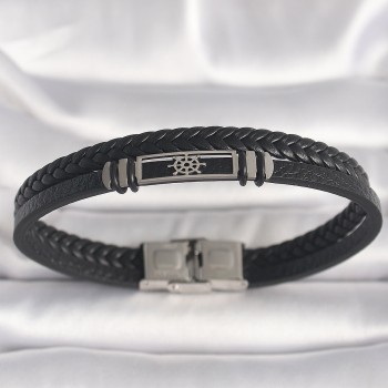 316L Çelik Gümüş Renk Gemi Dümeni Figür Siyah Burgu Deri Kordon Model Erkek Bileklik