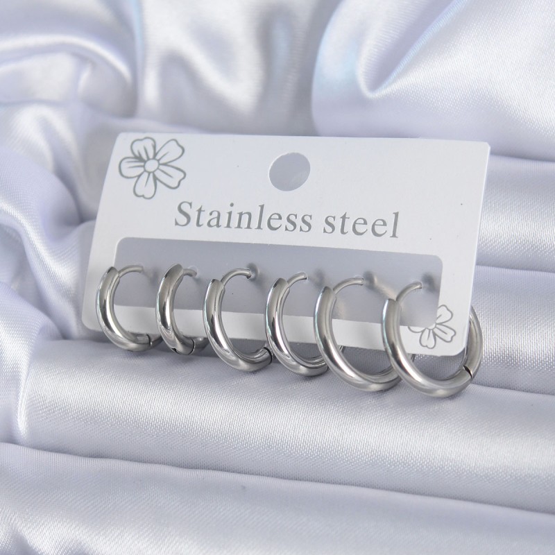 316L Çelik Gümüş Renk Halka Kadın Küpe Seti