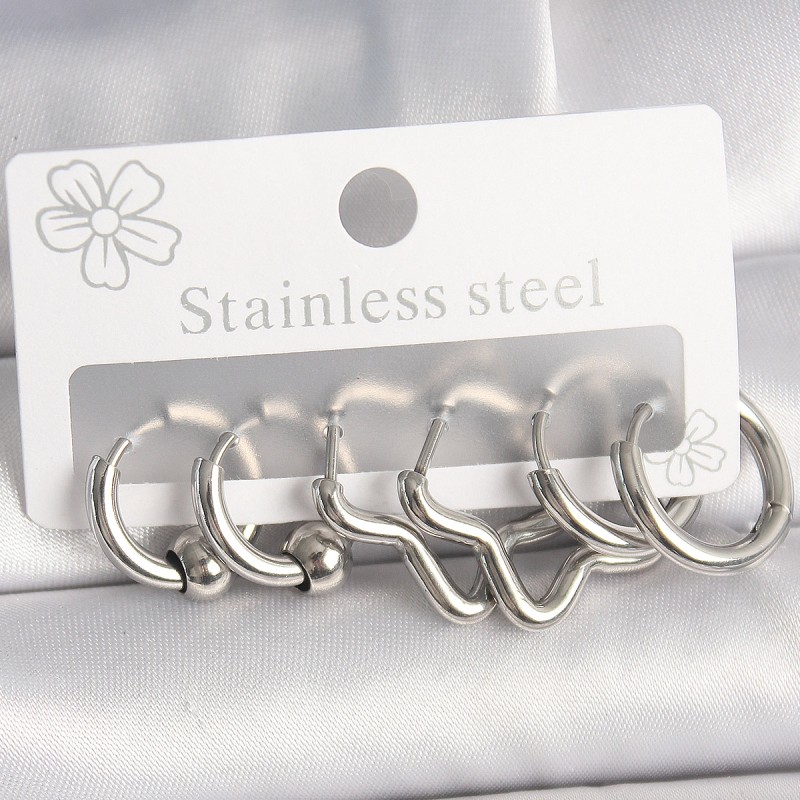 316L Çelik Gümüş Renk Halka Yıldız Model Kadın Küpe Seti