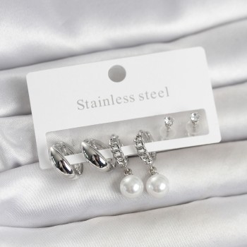 316L Çelik Gümüş Renk inci Halka Detaylı Kadın Küpe Seti