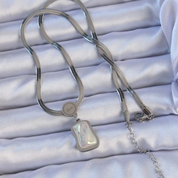 316L Çelik Gümüş Renk İtalyan Zincir Ezme Taşlı Kolye