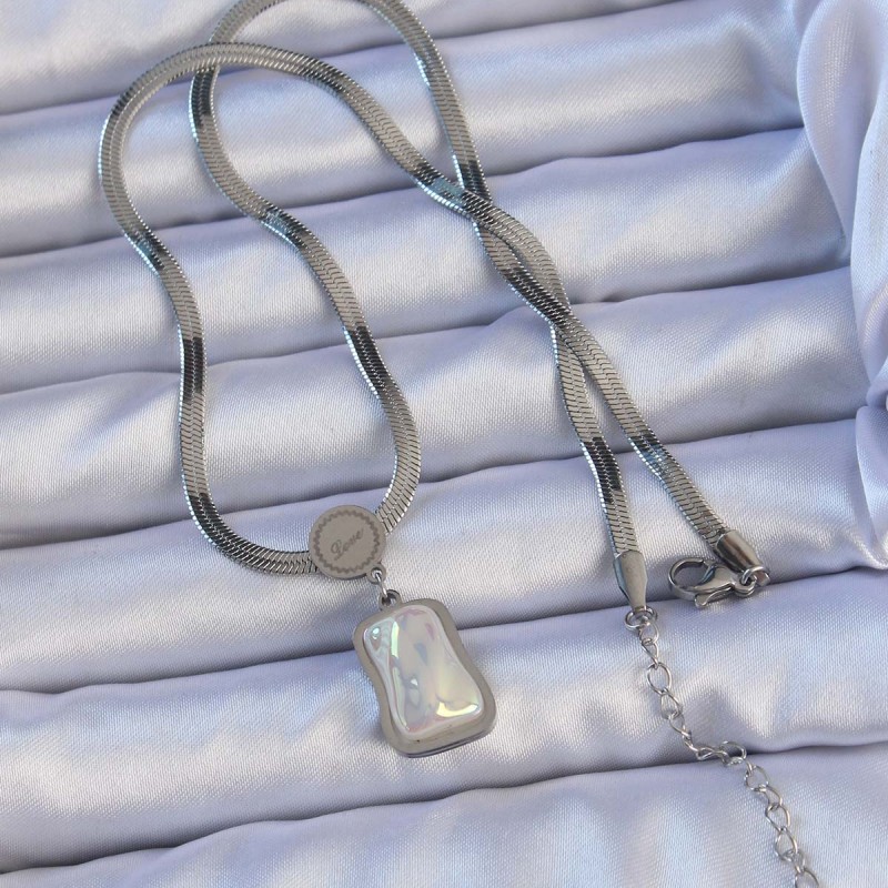 316L Çelik Gümüş Renk İtalyan Zincir Ezme Taşlı Kolye