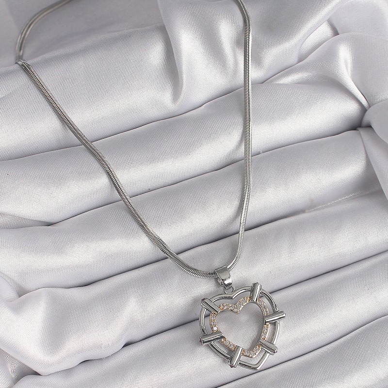 316L Çelik Gümüş Renk İtalyan Zincir Mix Zirkon Taş Detay Kalp Model Kadın Kolye