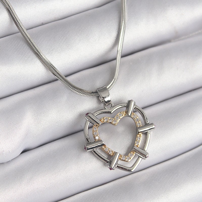 316L Çelik Gümüş Renk İtalyan Zincir Mix Zirkon Taş Detay Kalp Model Kadın Kolye