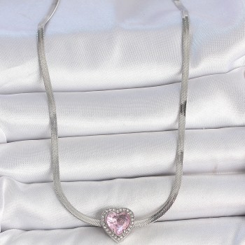 316L Çelik Gümüş Renk İtalyan Zincir Pembe Zirkon Taşlı Kalp Model Kadın Kolye