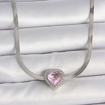 316L Çelik Gümüş Renk İtalyan Zincir Pembe Zirkon Taşlı Kalp Model Kadın Kolye