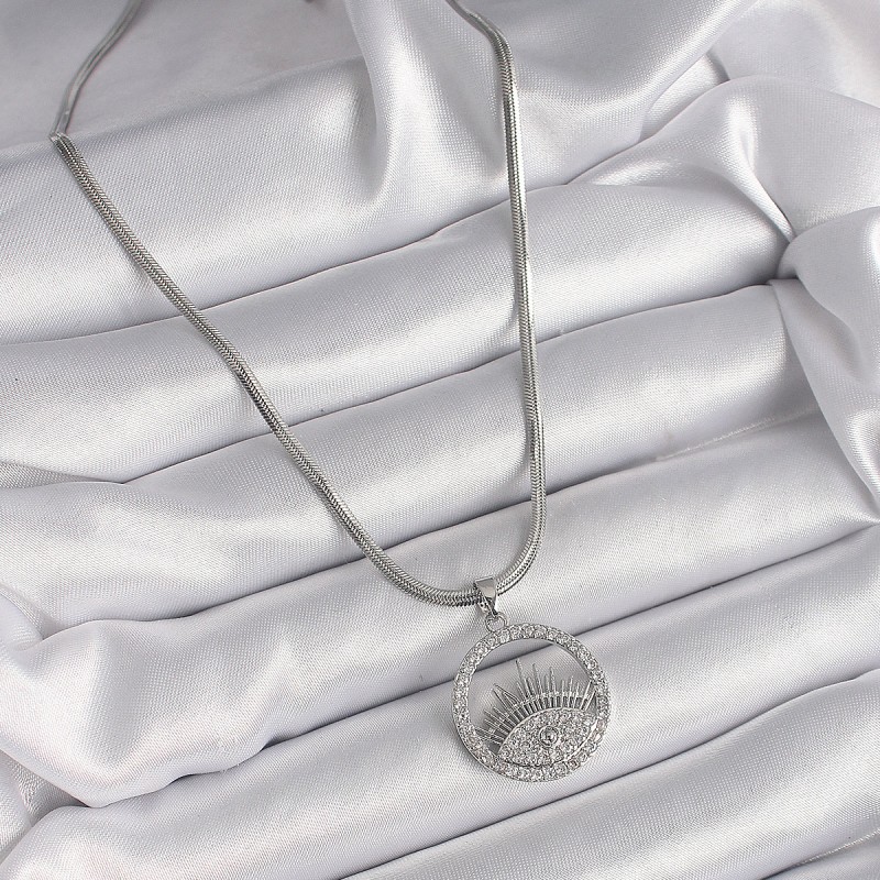 316L Çelik Gümüş Renk İtalyan Zincir Zirkon Taşlı Göz Model Kadın Kolye