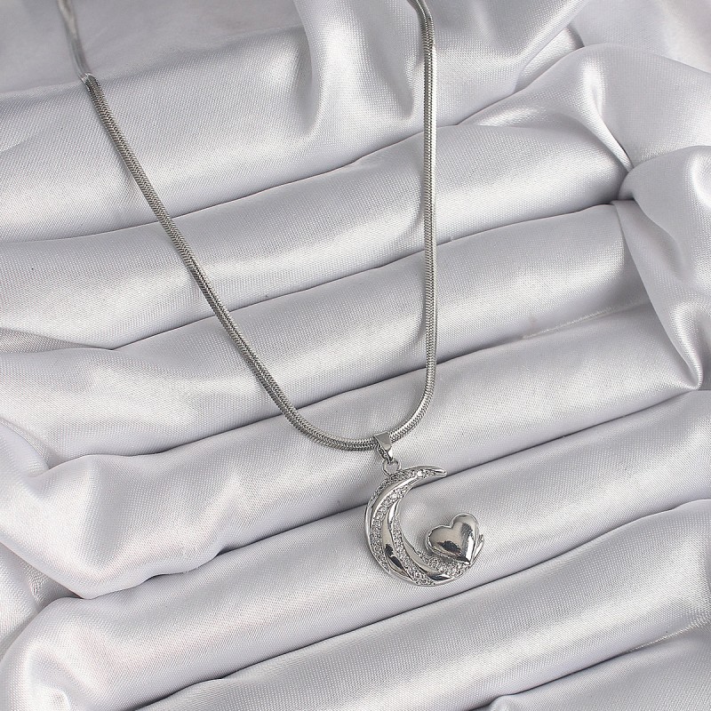 316L Çelik Gümüş Renk İtalyan Zincir Zirkon Taşlı Halil Figür Kalp Detay Kadın Kolye