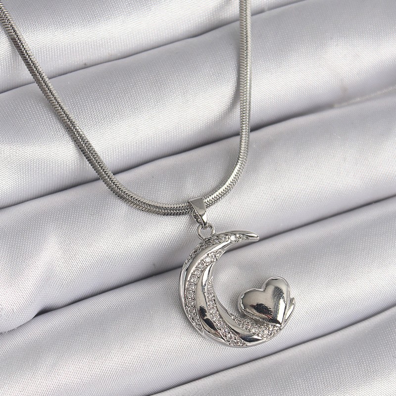 316L Çelik Gümüş Renk İtalyan Zincir Zirkon Taşlı Halil Figür Kalp Detay Kadın Kolye
