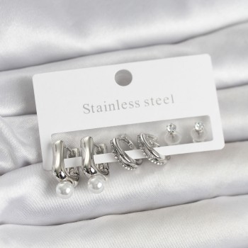 316L Çelik Gümüş Renk Kadın Küpe Seti