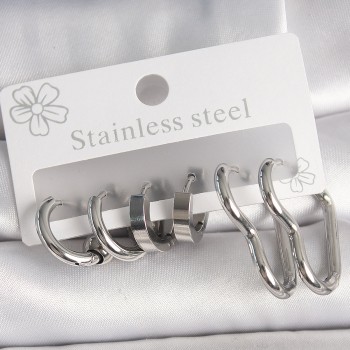 316L Çelik Gümüş Renk Kalp Halka Model Kadın Küpe Seti