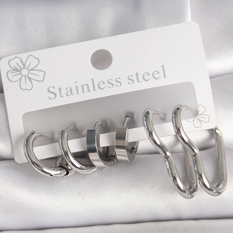 316L Çelik Gümüş Renk Kalp Halka Model Kadın Küpe Seti