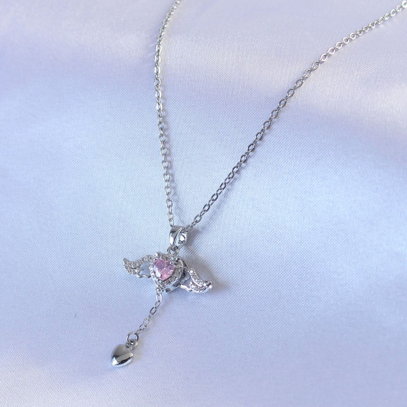 316L Çelik Gümüş Renk Kanatlı Kalp Figür Zirkon Taş Detay Kadın Kolye