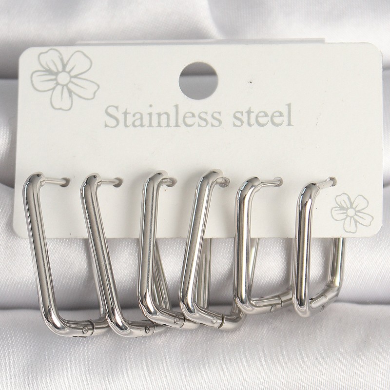 316L Çelik Gümüş Renk Kare Model Kadın Küpe Seti