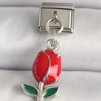 316L Çelik Gümüş Renk Kırmızı Gül Model Nomination Charm