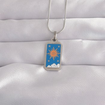 316L Çelik Gümüş Renk Mavi Mineli Güneş Model Tarot Kolye