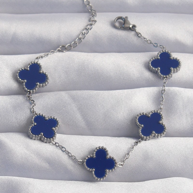 316L Çelik Gümüş Renk Mavi Mineli Yonca Bileklik