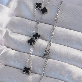 316L Çelik Gümüş Renk Minimal Siyah Mineli Yonca Kolye