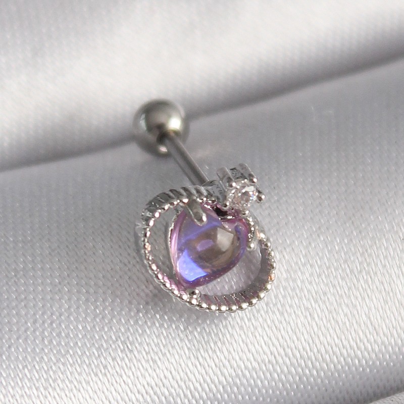 316L Çelik Gümüş Renk Mor Mineli Kalp Zirkon Taş Detay Tragus Piercing