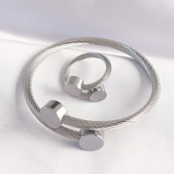 316L Çelik Gümüş Renk Oval Aksesuarlı Burgu Model Bileklik ve Yüzük Kombini