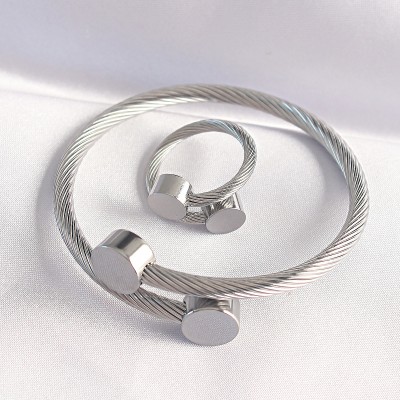 316L Çelik Gümüş Renk Oval Aksesuarlı Burgu Model Bileklik ve Yüzük Kombini