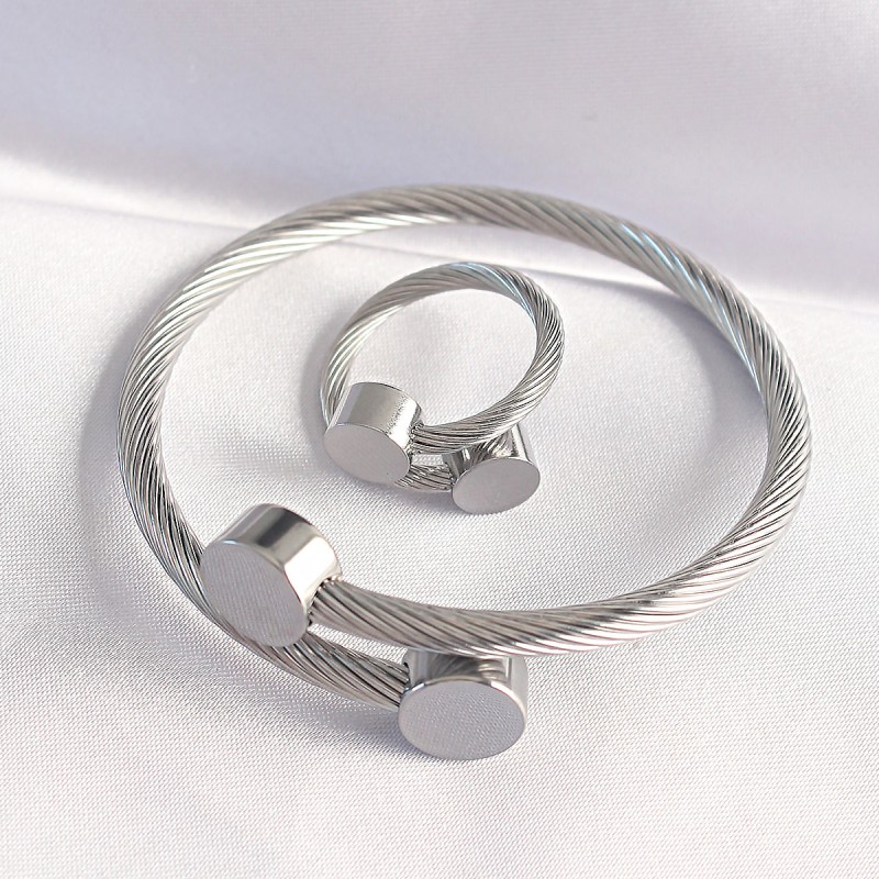 316L Çelik Gümüş Renk Oval Aksesuarlı Burgu Model Bileklik ve Yüzük Kombini