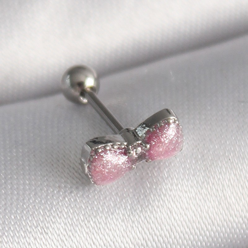 316L Çelik Gümüş Renk Pembe Kurdele Zirkon Taş Detay Tragus Piercing