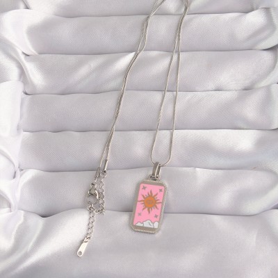 316L Çelik Gümüş Renk Pembe Mineli Güneş Model Tarot Kolye
