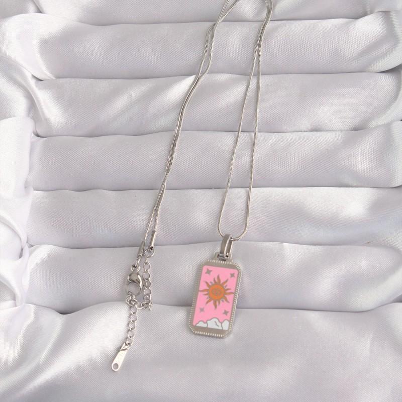 316L Çelik Gümüş Renk Pembe Mineli Güneş Model Tarot Kolye