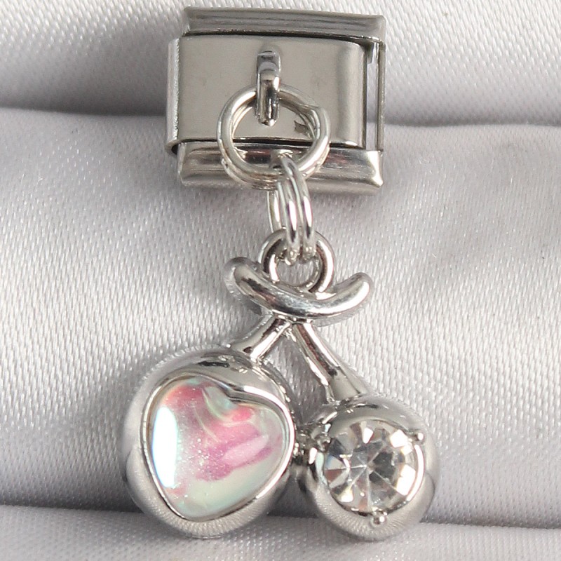 316L Çelik Gümüş Renk Pembe Mineli Kalp Zirkon Taş Detay Nomination Charm
