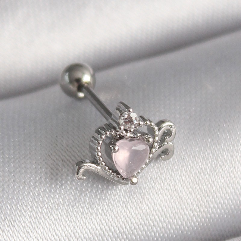316L Çelik Gümüş Renk Pembe Mineli Kalp Zirkon Taş Detay Tragus Piercing