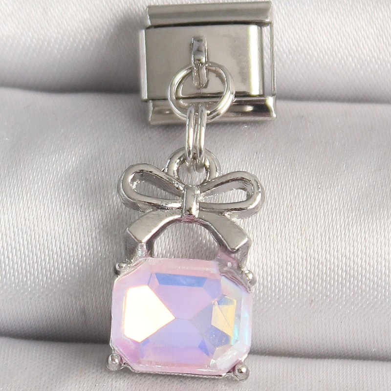 316L Çelik Gümüş Renk Pembe Zirkon Taşlı Çanta Model Nomination Charm