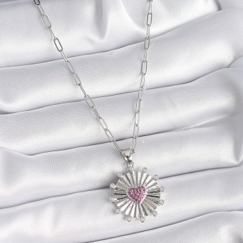 316L Çelik Gümüş Renk Pembe Zirkon Taşlı Kalp İşleme Madalyon Model Kadın Kolye