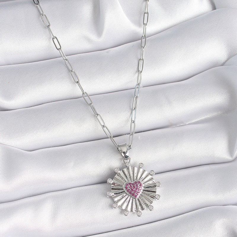 316L Çelik Gümüş Renk Pembe Zirkon Taşlı Kalp İşleme Madalyon Model Kadın Kolye