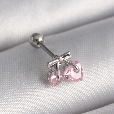 316L Çelik Gümüş Renk Pembe Zirkon Taşlı Kalp Tragus Piercing